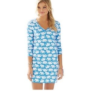 Lilly Pulitzer Small Christie Dress Blue‎ Tusk Elephant Novelty Print